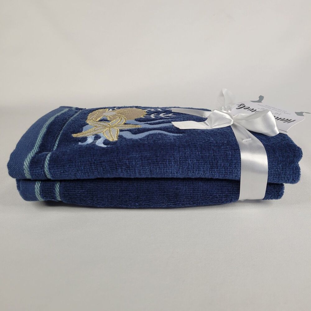 Set 2 Blue Bathroom Hand Towels Beach Embroidered Gold Starfish Shells Nautical - Picture 7 of 11